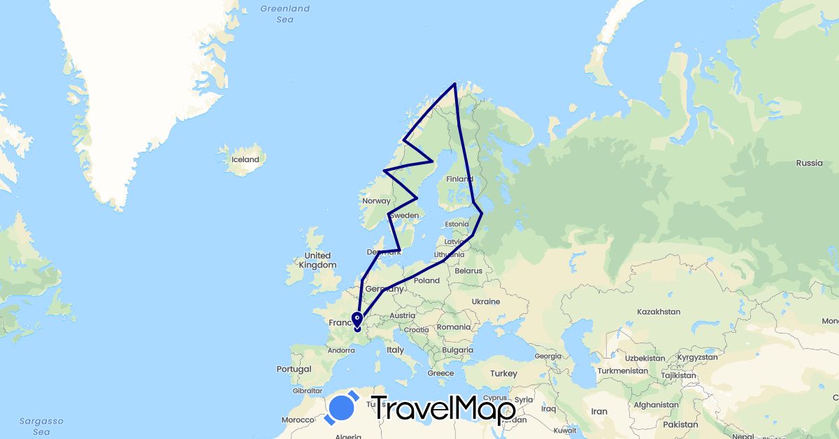 TravelMap itinerary: driving in Germany, Denmark, Finland, France, Netherlands, Norway, Poland, Russia, Sweden (Europe)